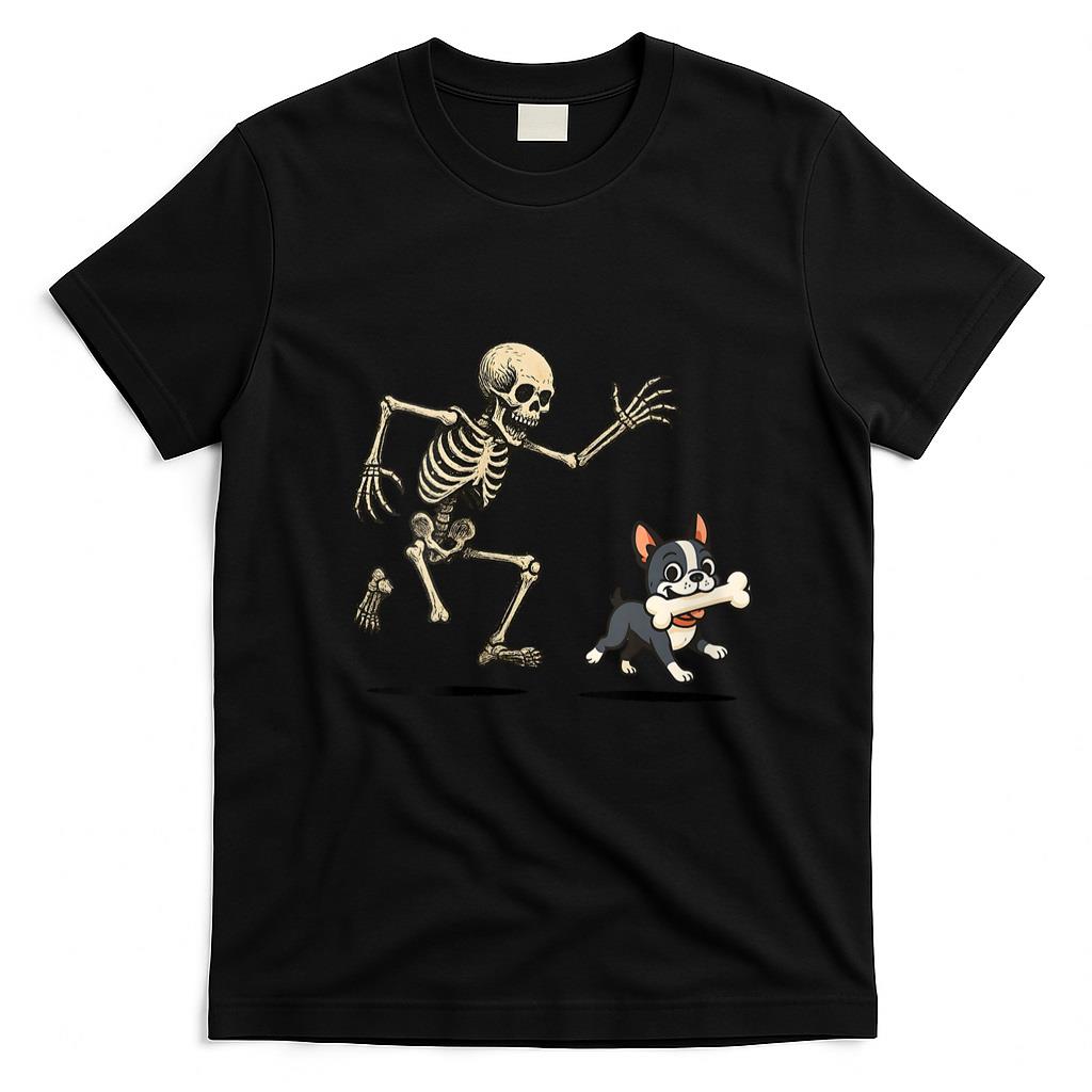 Pet Mom Halloween Shirt - Womens Skeleton Chasing Dog Boston Terrier Halloween Mom Pet Lover V-Neck T-Shirt