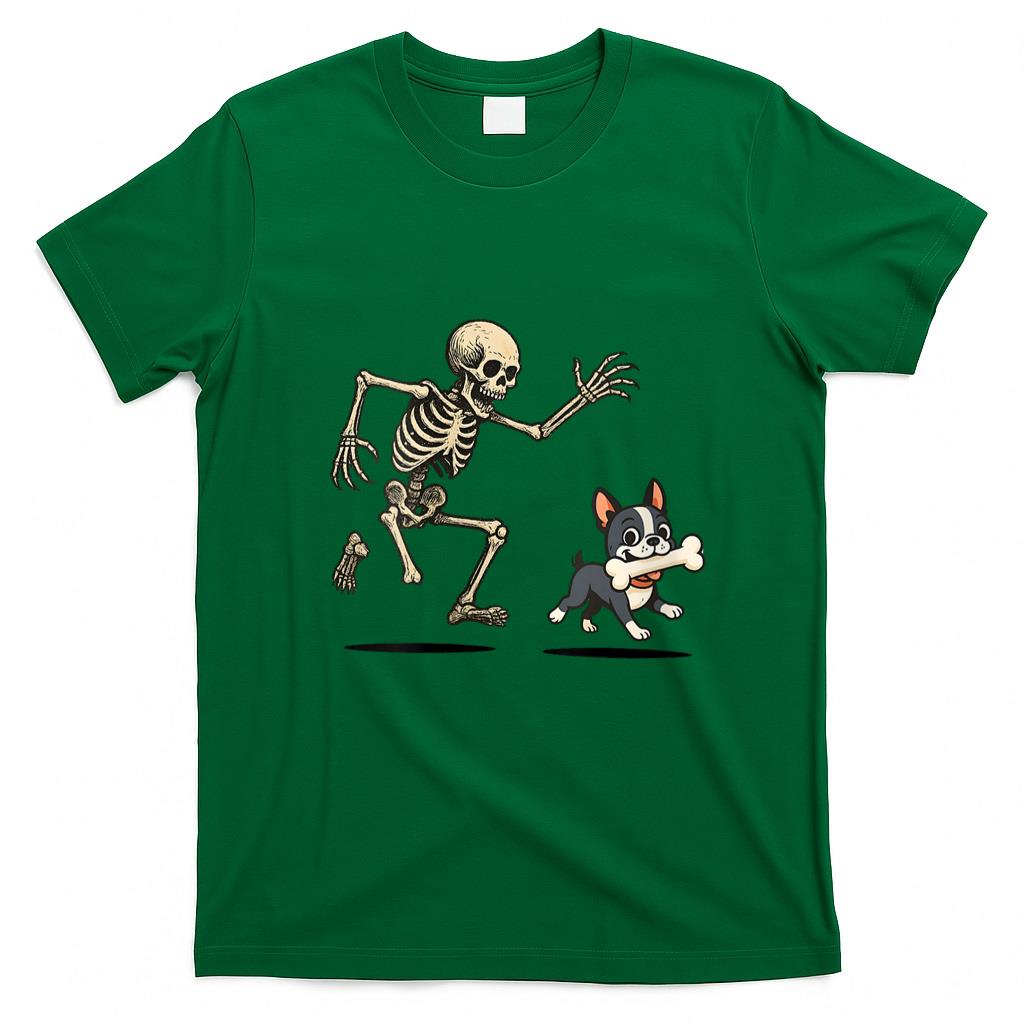 Pet Mom Halloween Shirt - Womens Skeleton Chasing Dog Boston Terrier Halloween Mom Pet Lover V-Neck T-Shirt