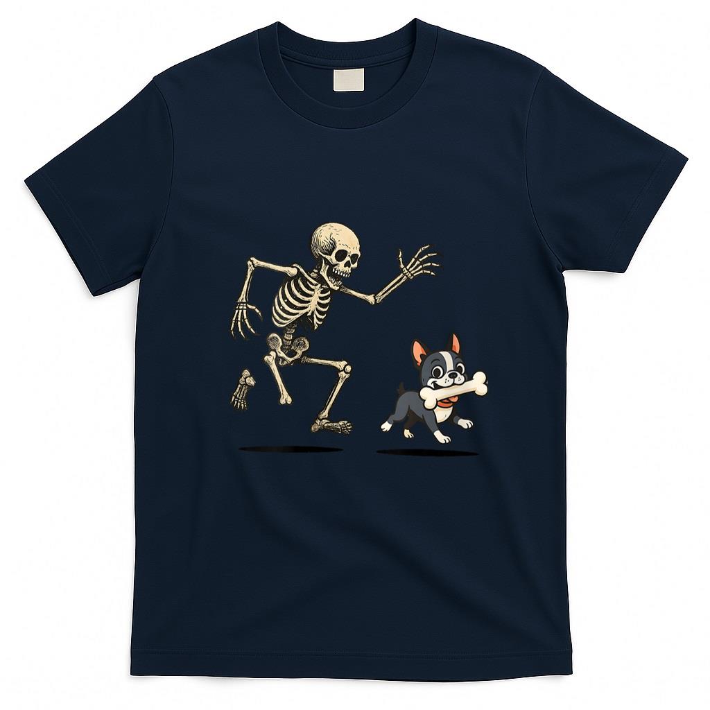 Pet Mom Halloween Shirt - Womens Skeleton Chasing Dog Boston Terrier Halloween Mom Pet Lover V-Neck T-Shirt