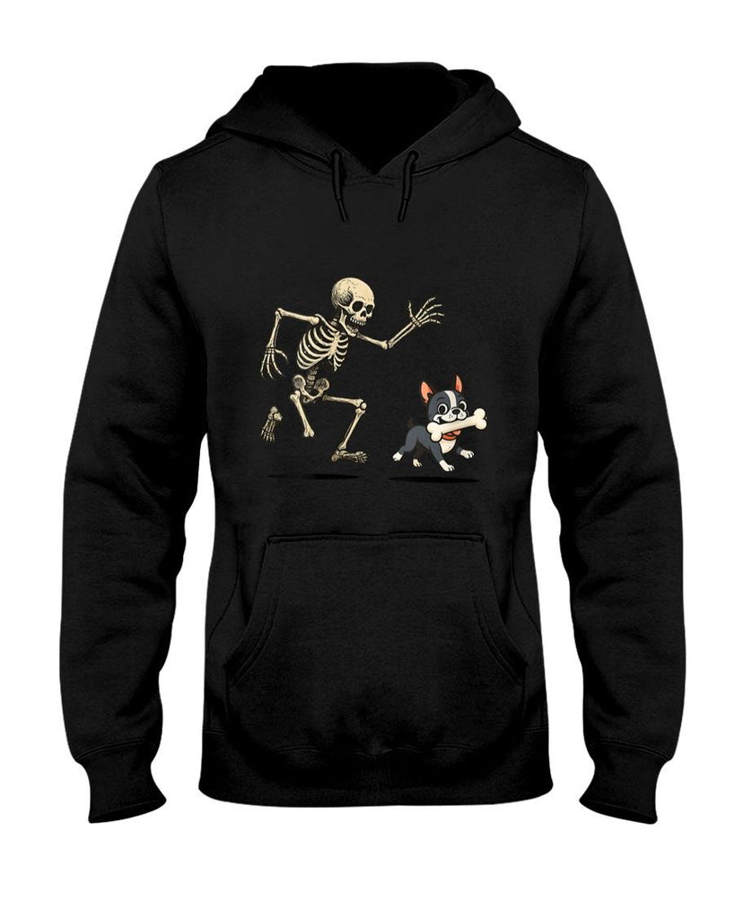 Pet Mom Halloween Shirt - Womens Skeleton Chasing Dog Boston Terrier Halloween Mom Pet Lover V-Neck T-Shirt