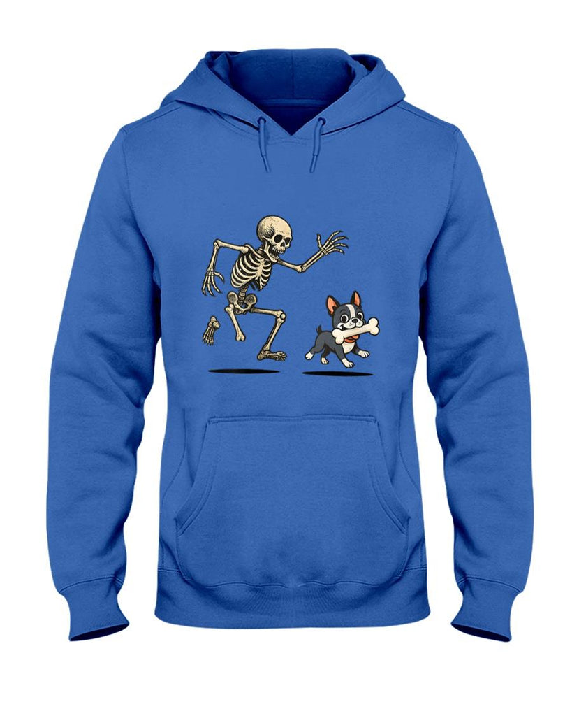 Pet Mom Halloween Shirt - Womens Skeleton Chasing Dog Boston Terrier Halloween Mom Pet Lover V-Neck T-Shirt