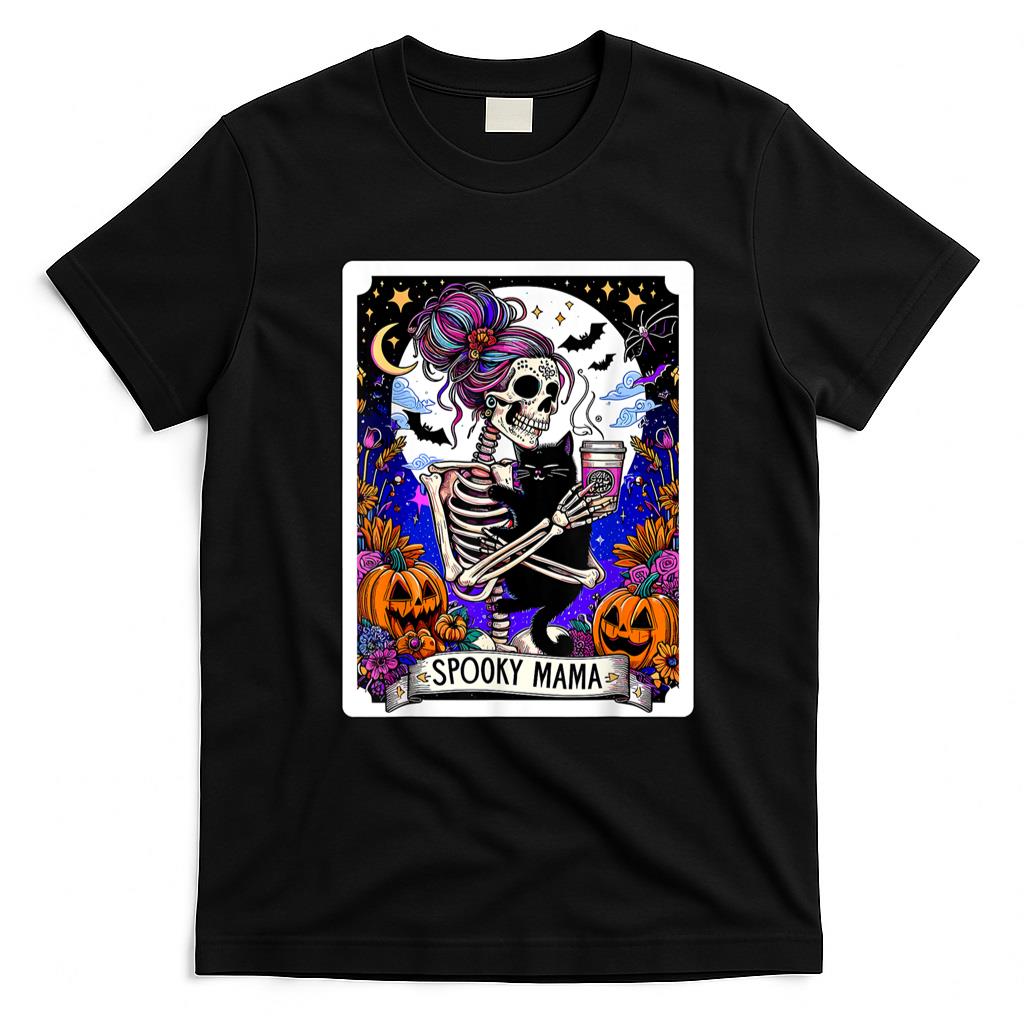 Pet Mom Halloween Shirt - Spooky Mama Tarot Card Halloween Mom Skull Mama Black Cat T-Shirt for Men Women Kids