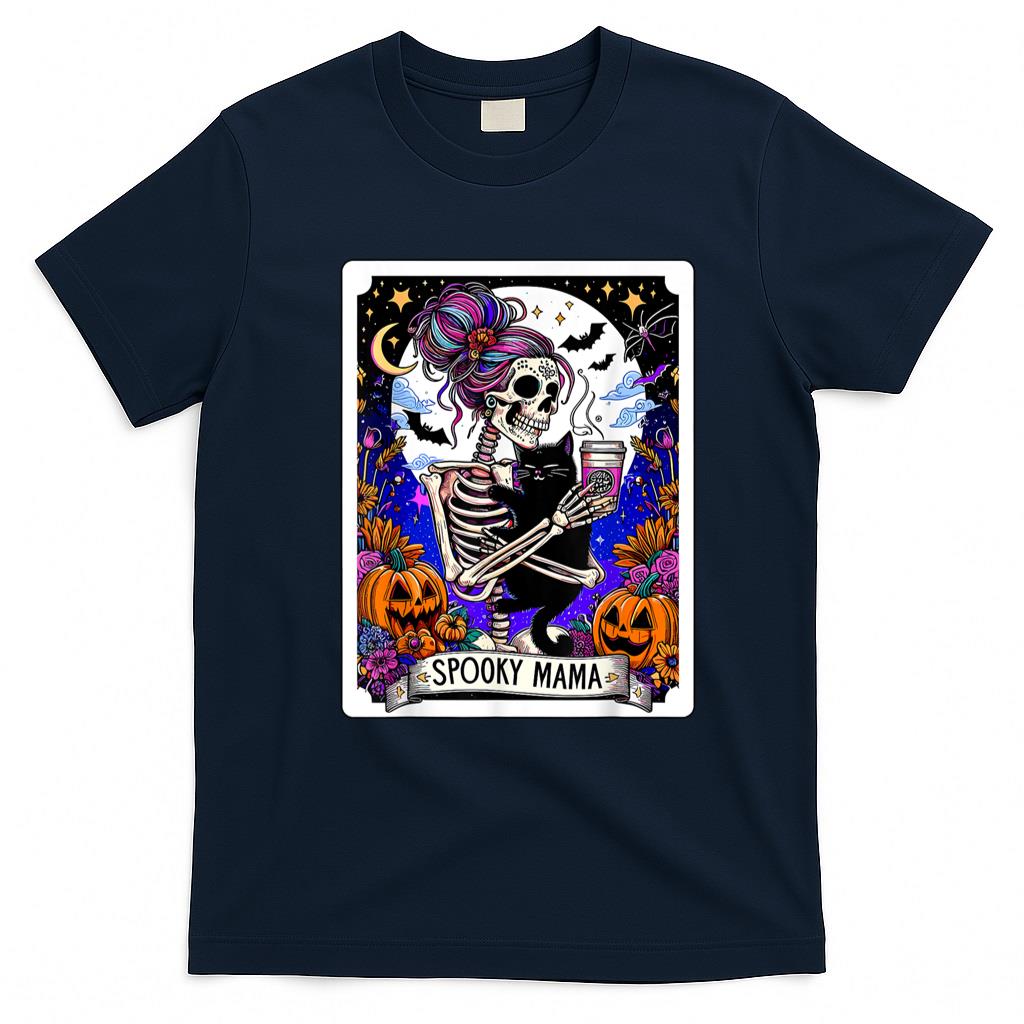 Pet Mom Halloween Shirt - Spooky Mama Tarot Card Halloween Mom Skull Mama Black Cat T-Shirt for Men Women Kids