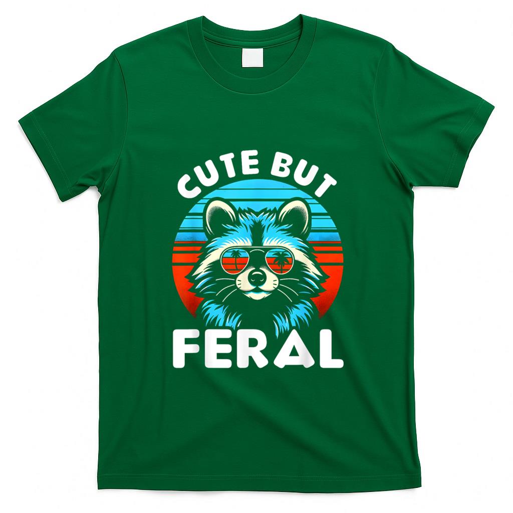 Funny Tees - Cute But Feral Funny Colorful Racoon With Sunglasses Racoon T-Shirt