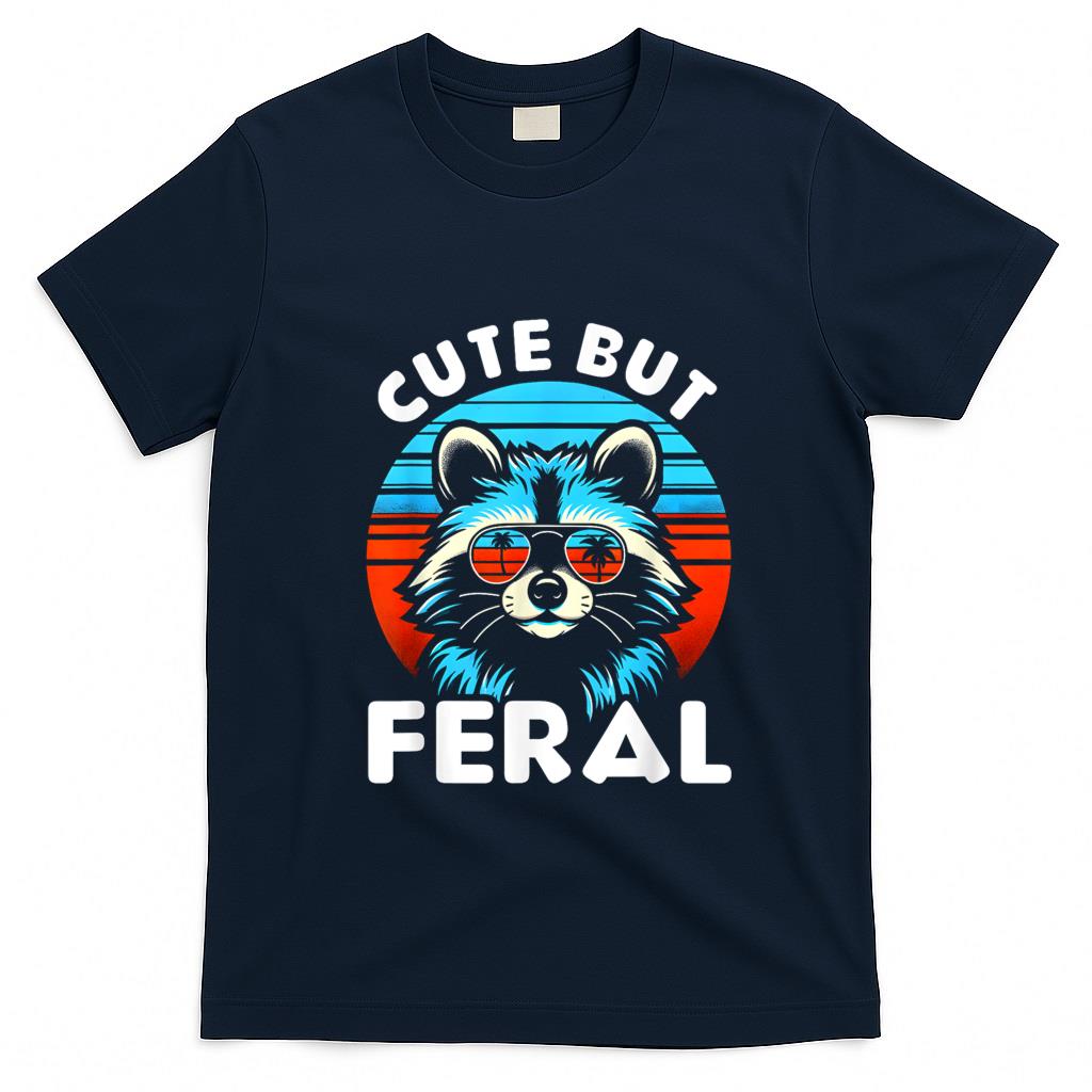 Funny Tees - Cute But Feral Funny Colorful Racoon With Sunglasses Racoon T-Shirt