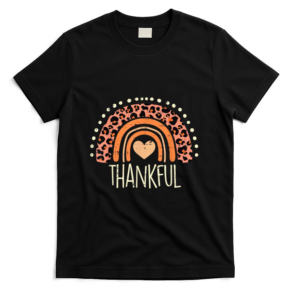 Leopard Rainbow Thankful Thanksgiving Teacher Women Kids T-Shirt