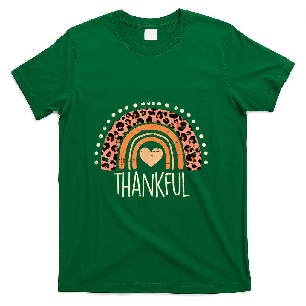 Leopard Rainbow Thankful Thanksgiving Teacher Women Kids T-Shirt