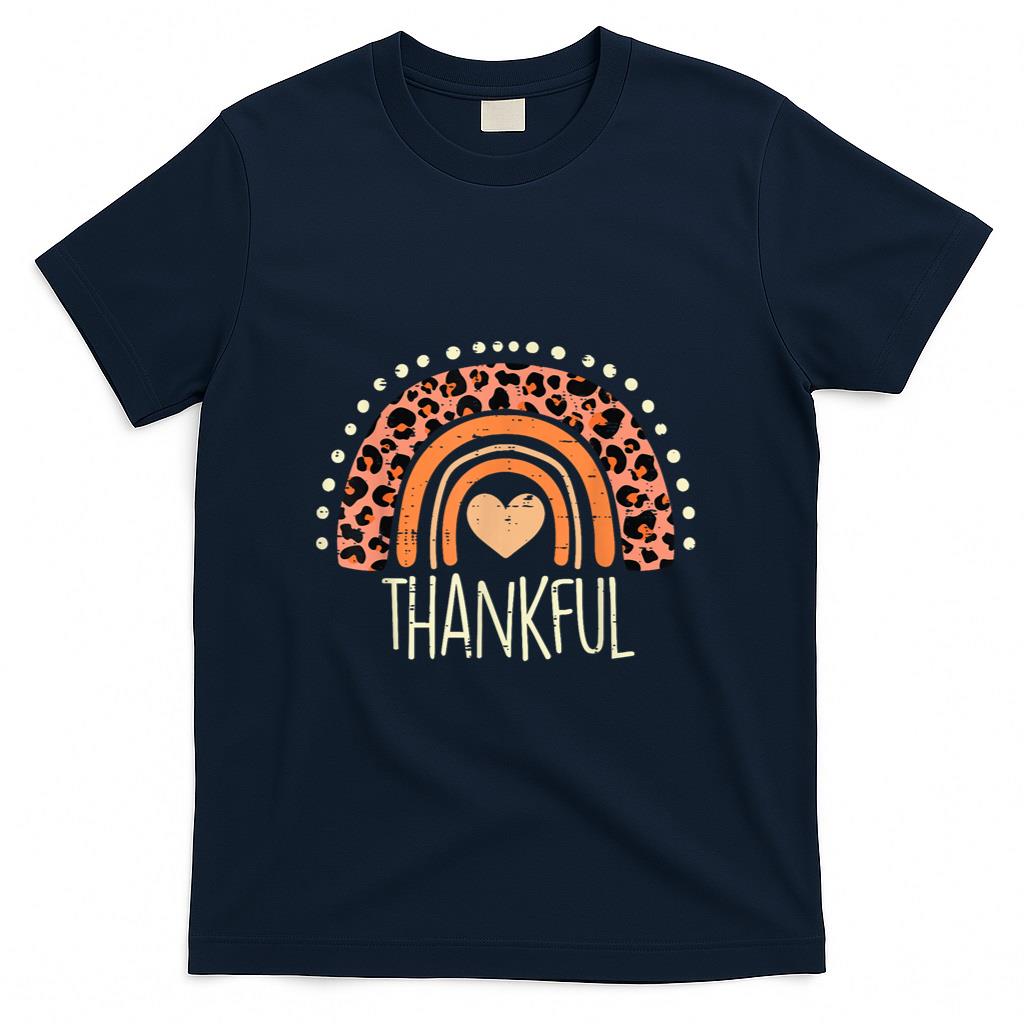 Leopard Rainbow Thankful Thanksgiving Teacher Women Kids T-Shirt