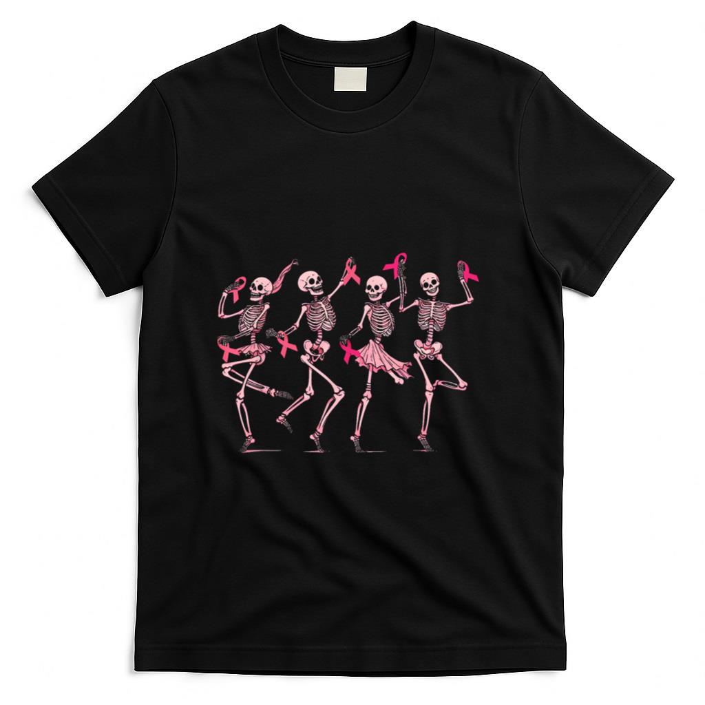 Skeleton Dancing Pink Ribbon Breast Cancer Awareness Support T-Shirt