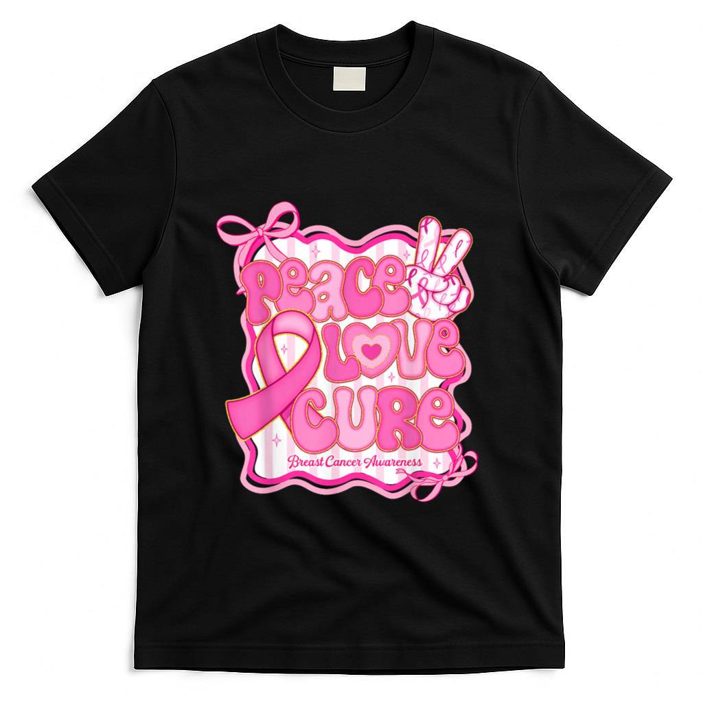 Peace Love Cure Pink Ribbon Coquette Breast Cancer Awareness T-Shirt