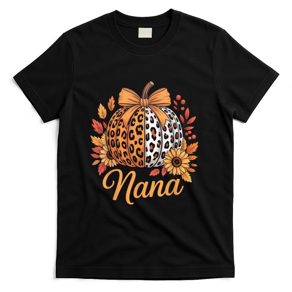 Nana Thanksgiving Leopard Pumpkin Sunflower Coquette Bow Tee T-Shirt
