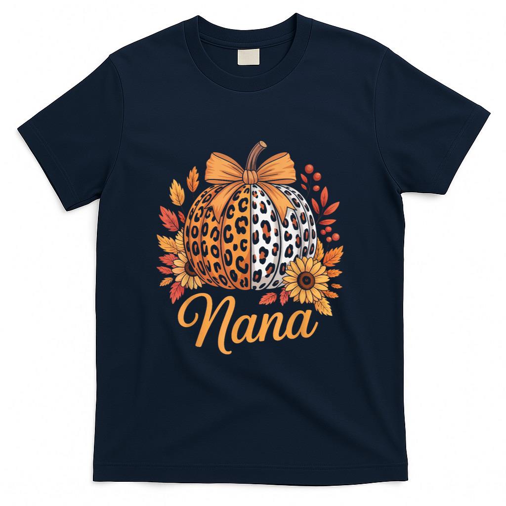 Nana Thanksgiving Leopard Pumpkin Sunflower Coquette Bow Tee T-Shirt