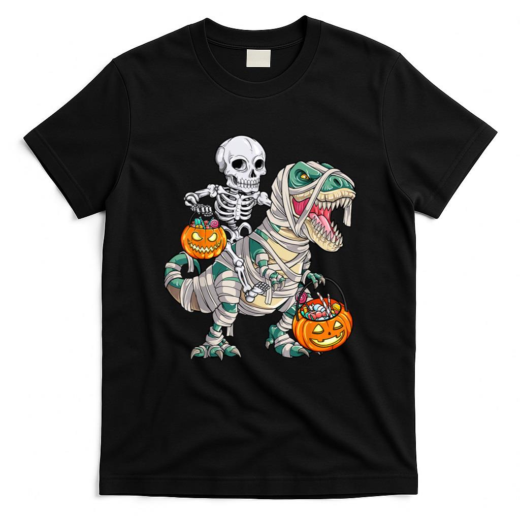 Halloween Shirt - Skeleton Riding Mummy Dinosaur T rex Halloween Funny Pumpkin T-Shirt