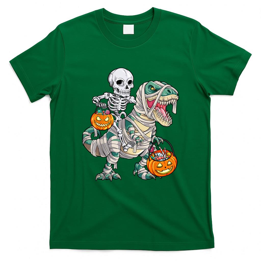 Halloween Shirt - Skeleton Riding Mummy Dinosaur T rex Halloween Funny Pumpkin T-Shirt