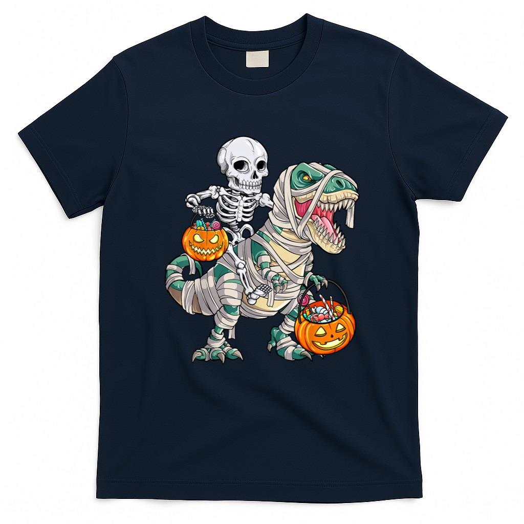 Halloween Shirt - Skeleton Riding Mummy Dinosaur T rex Halloween Funny Pumpkin T-Shirt