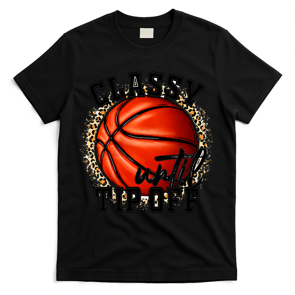 Classy Until Tip Off Funny Basketball Mom Leopard T-Shirt