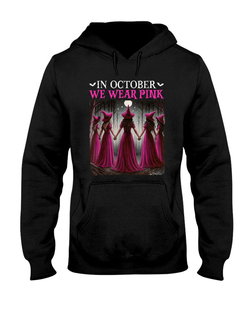 in October We Wear Pink Witch Halloween Breast Cancer Women T-Shirt