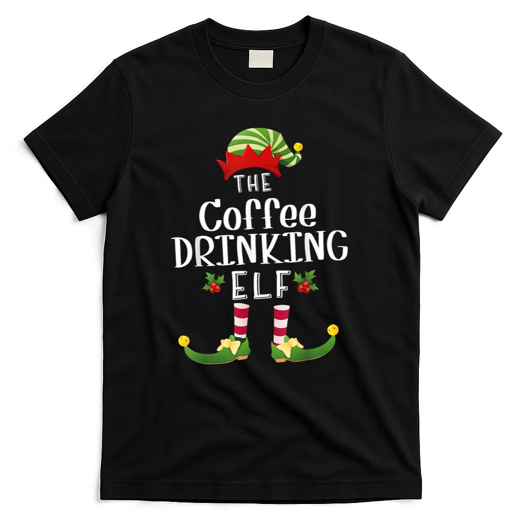 Coffee Drinking Christmas Elf Matching Pajama X-Mas Party T-Shirt