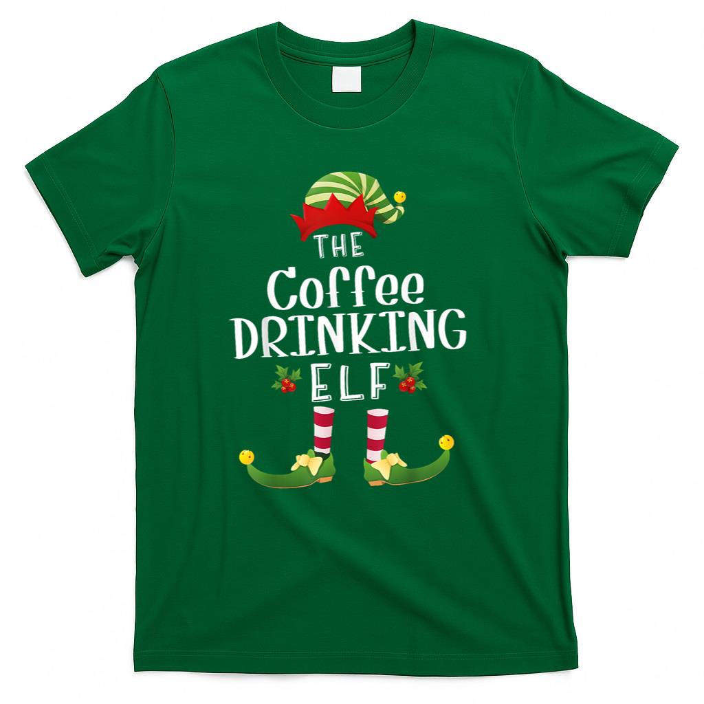 Coffee Drinking Christmas Elf Matching Pajama X-Mas Party T-Shirt