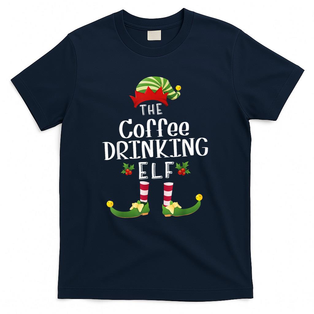 Coffee Drinking Christmas Elf Matching Pajama X-Mas Party T-Shirt