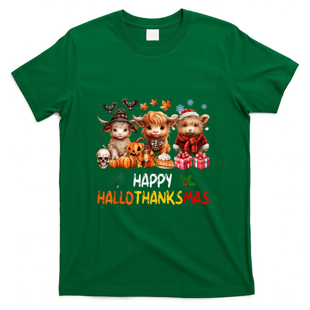 Happy Halloween Thanksgiving Christmas Highland Cow Holiday T-Shirt_1