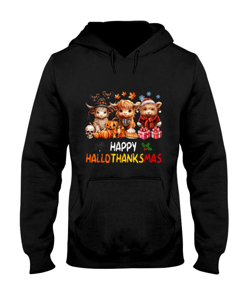 Happy Halloween Thanksgiving Christmas Highland Cow Holiday T-Shirt_1