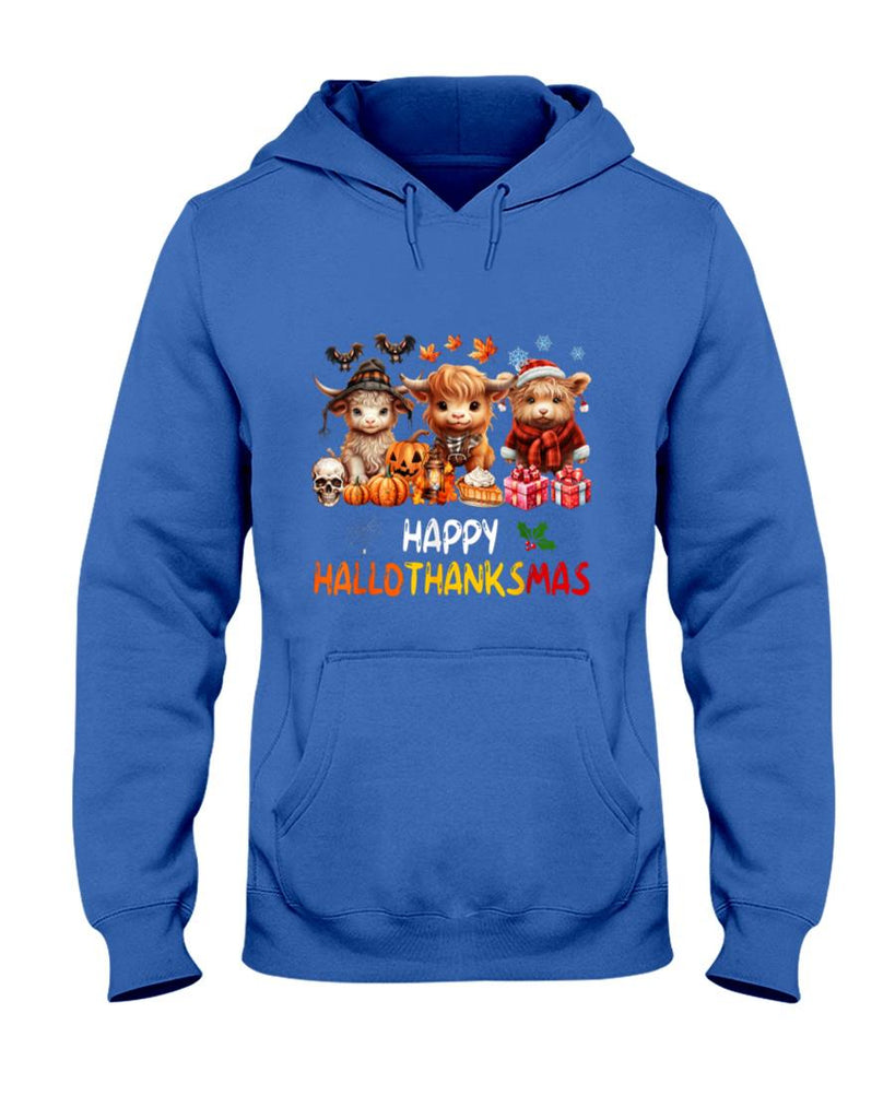 Happy Halloween Thanksgiving Christmas Highland Cow Holiday T-Shirt_1