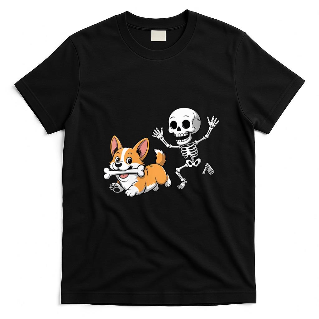 Pet Mom Halloween Shirt - Womens Funny Skeleton Chasing Corgi Halloween Dog Mom Pet Lover V-Neck T-Shirt_3