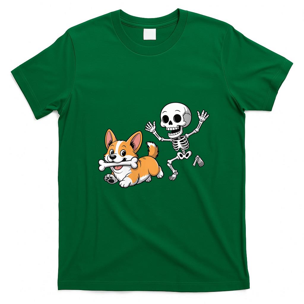 Pet Mom Halloween Shirt - Womens Funny Skeleton Chasing Corgi Halloween Dog Mom Pet Lover V-Neck T-Shirt_3
