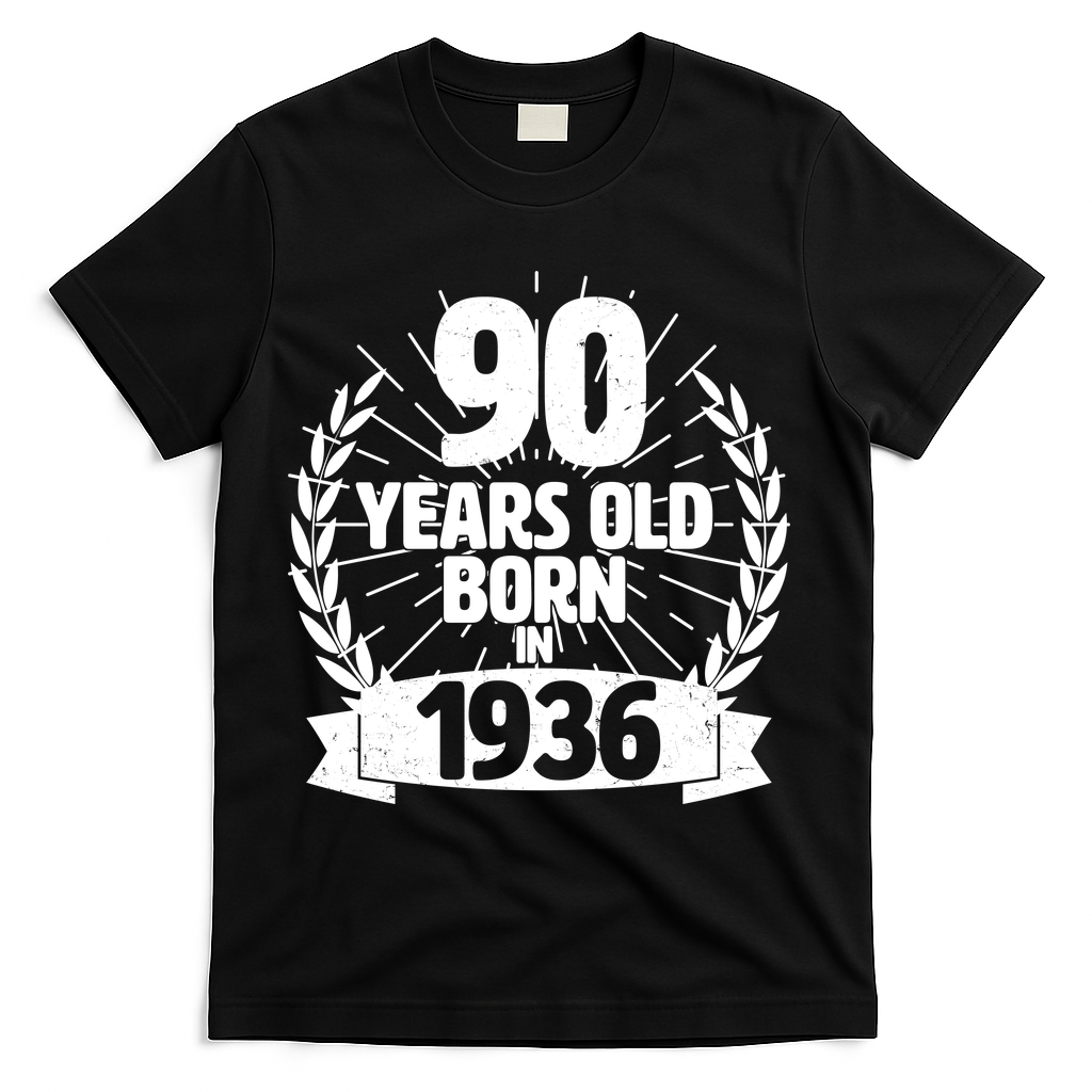 90th Birthday 90 Years Old Born In 1936 Wreath Banner  T-Shirt - Black
