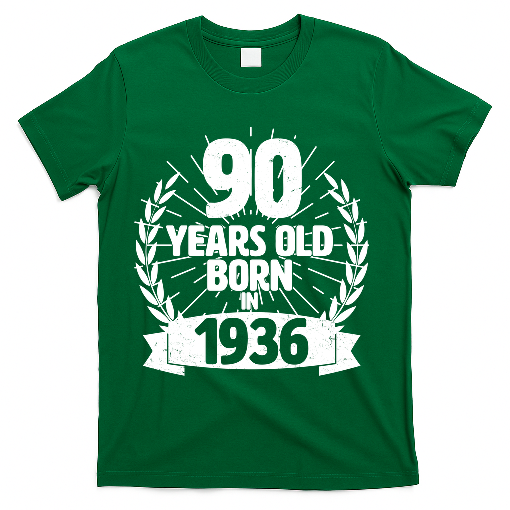 90th Birthday 90 Years Old Born In 1936 Wreath Banner  T-Shirt - Green