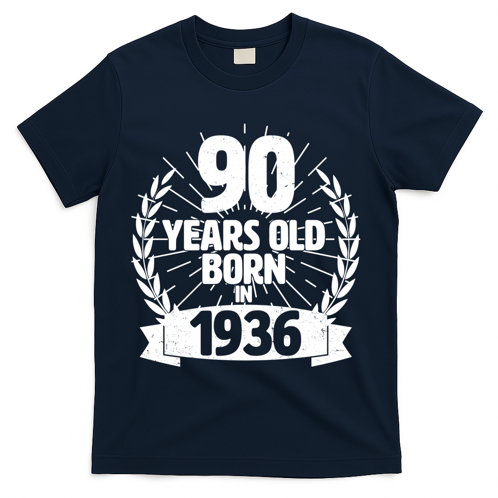 90th Birthday 90 Years Old Born In 1936 Wreath Banner  T-Shirt - Navy
