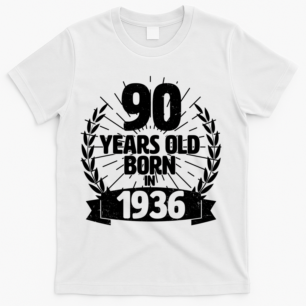 90th Birthday 90 Years Old Born In 1936 Wreath Banner  T-Shirt - White
