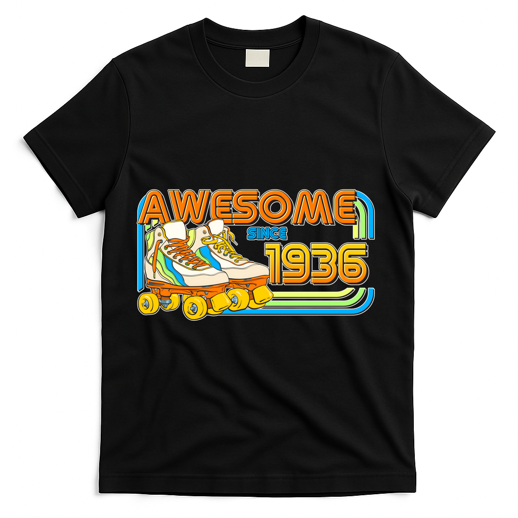90th Birthday Awesome Since 1936 Retro Roller Skates  T-Shirt - Black