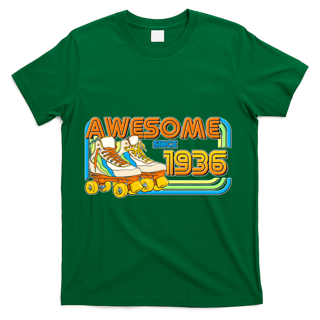 90th Birthday Awesome Since 1936 Retro Roller Skates  T-Shirt - Green
