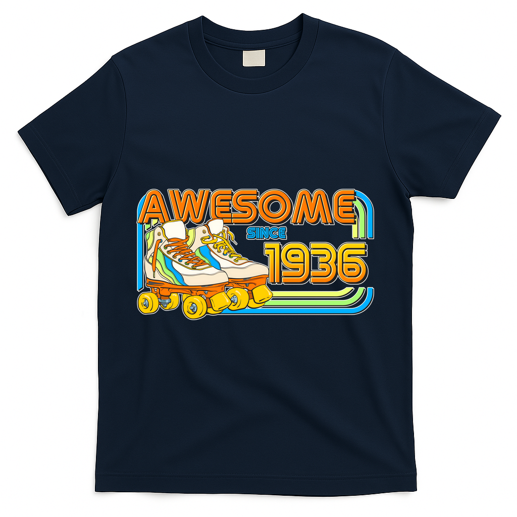 90th Birthday Awesome Since 1936 Retro Roller Skates  T-Shirt - Navy