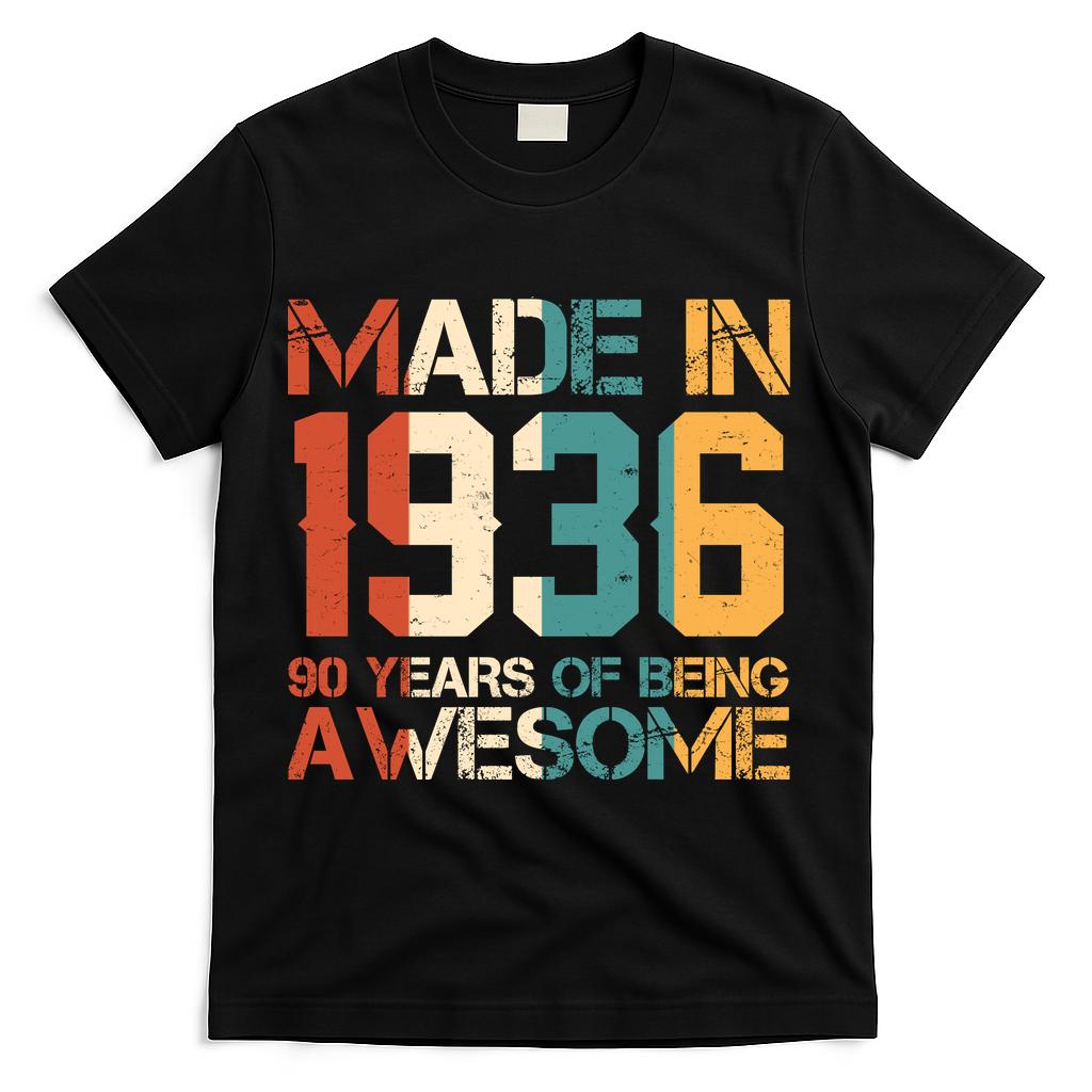 90th Birthday Made In 1936 90 Years Of Being Awesome T-Shirt - Black