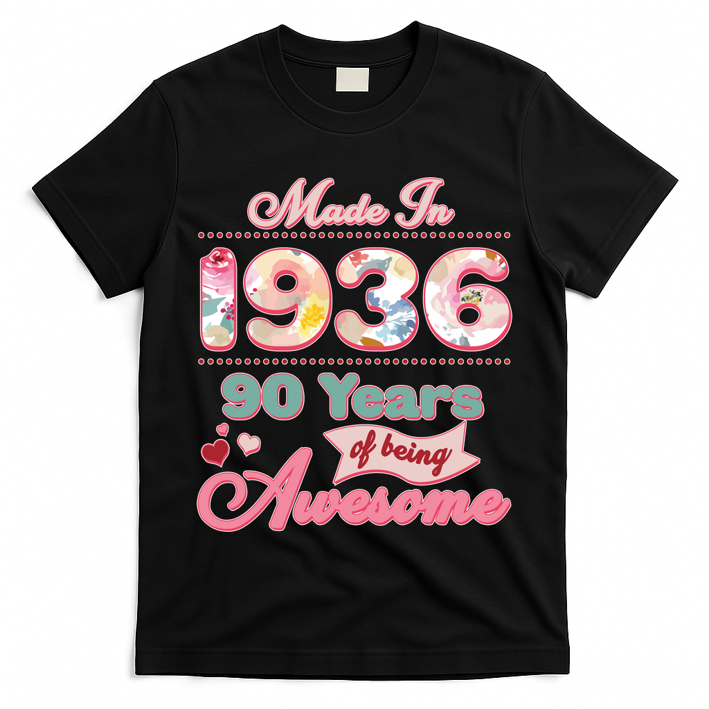 90th Birthday Pink Floral Made In 1936 Years Of Being Awesome T-Shirt