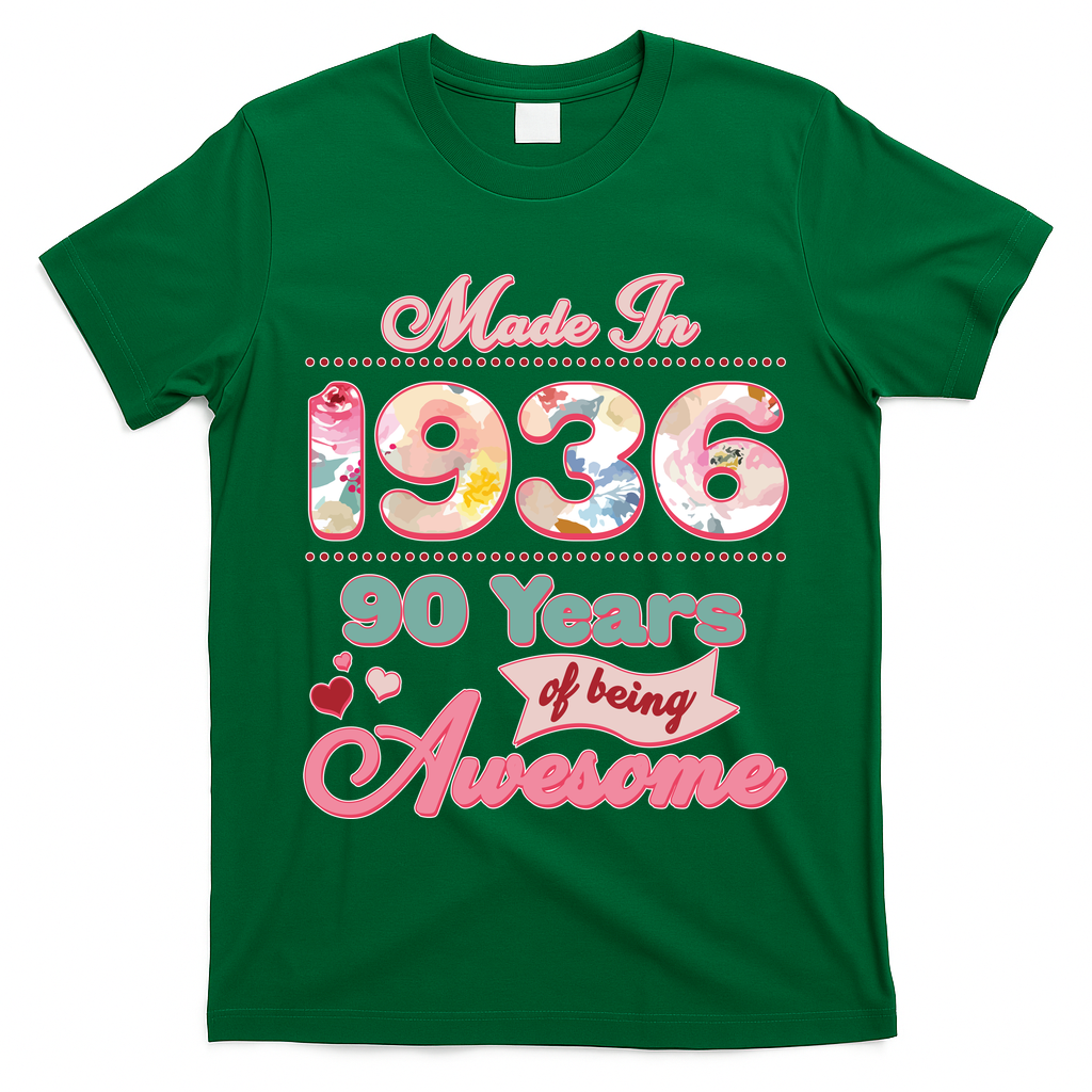 90th Birthday Pink Floral Made In 1936 Years Of Being Awesome T-Shirt