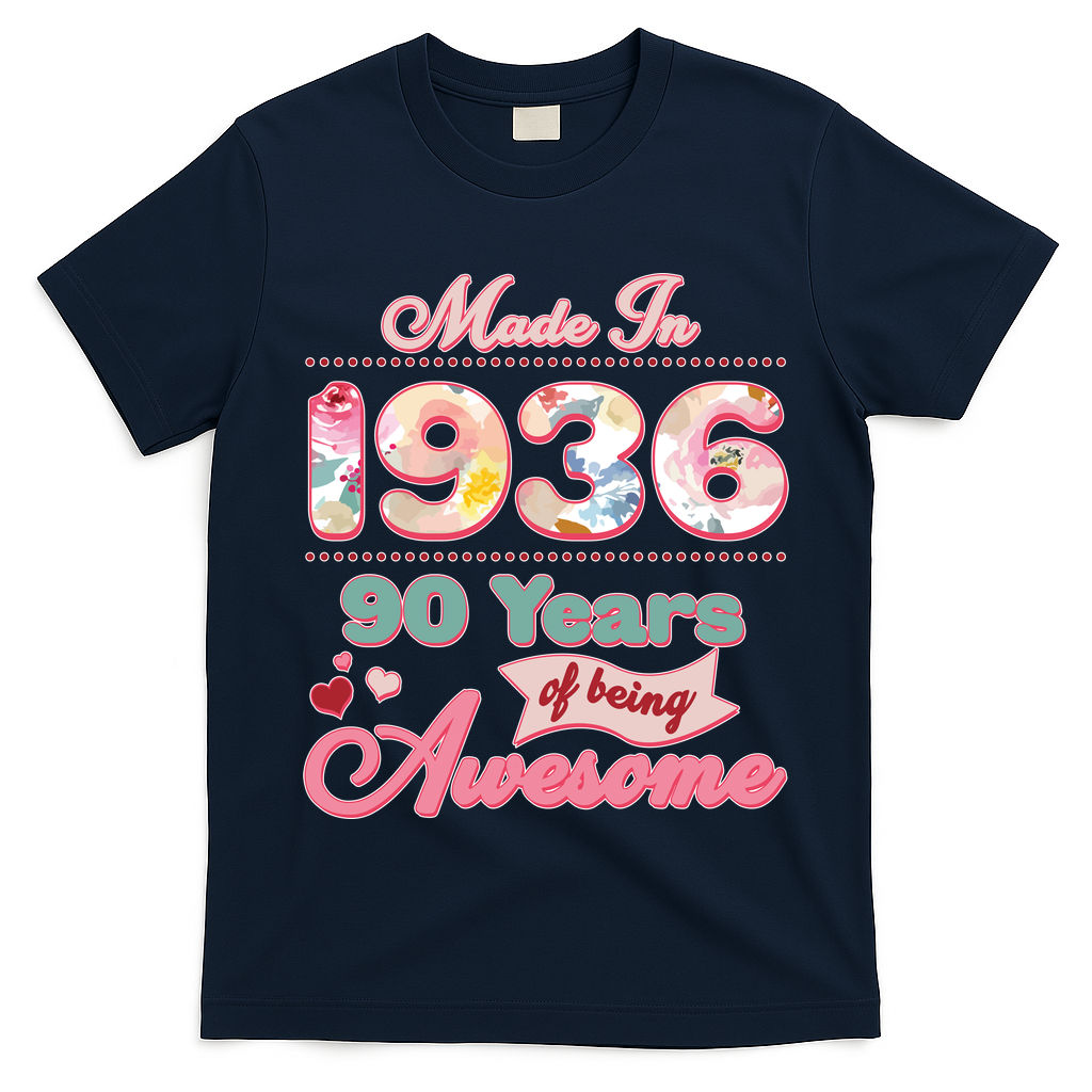 90th Birthday Pink Floral Made In 1936 Years Of Being Awesome T-Shirt