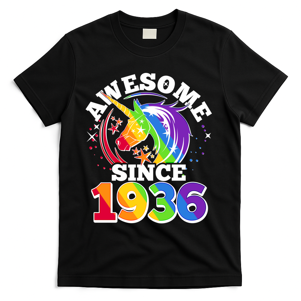 90th Birthday Rainbow Unicorn Awesome Since 1936 T-Shirt - Black