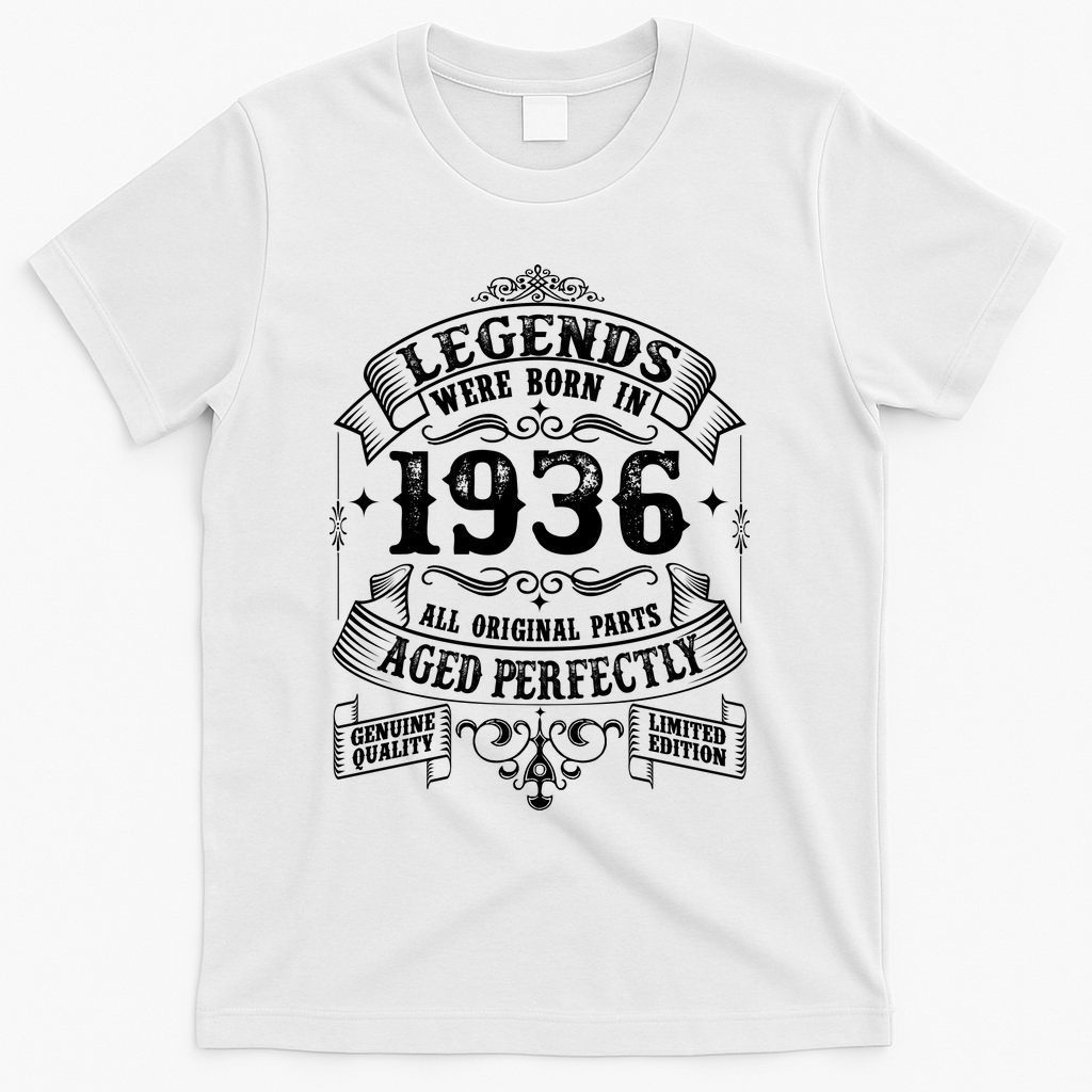 90th Birthday Vintage Scroll Border Legends Were Born Age Perfectly 1936 T-Shirt - White