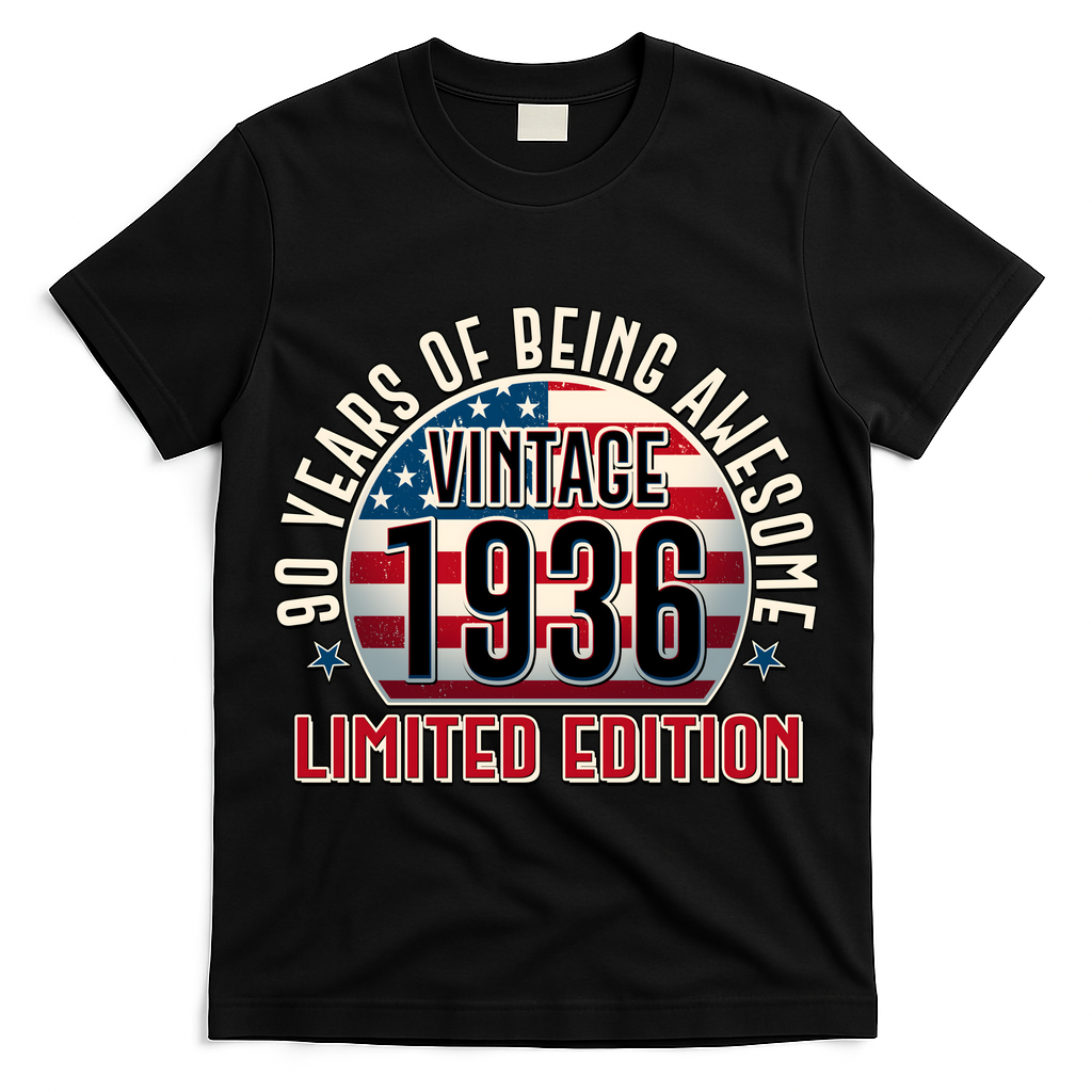 90th Birthday Vintage 1936 Limited Edition Years Of Being Awesome USA Flag  T-Shirt