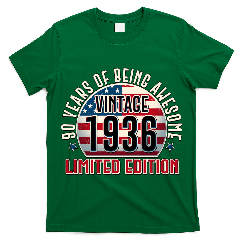 90th Birthday Vintage 1936 Limited Edition Years Of Being Awesome USA Flag  T-Shirt