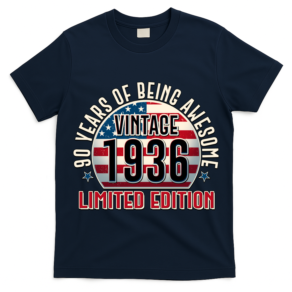 90th Birthday Vintage 1936 Limited Edition Years Of Being Awesome USA Flag  T-Shirt
