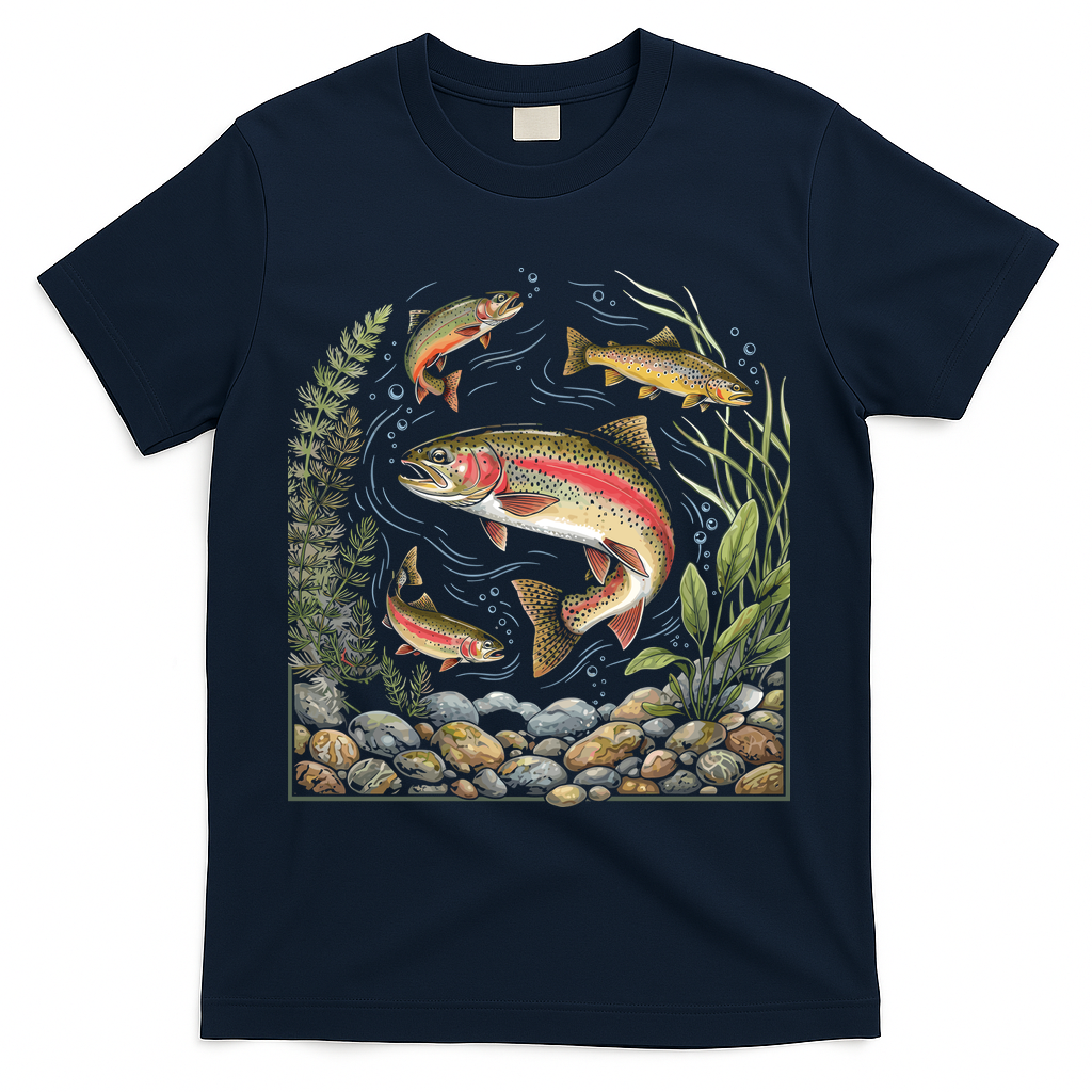 90s River Wildlife Fishing Vintage Rainbow Trout T-Shirt - Navy