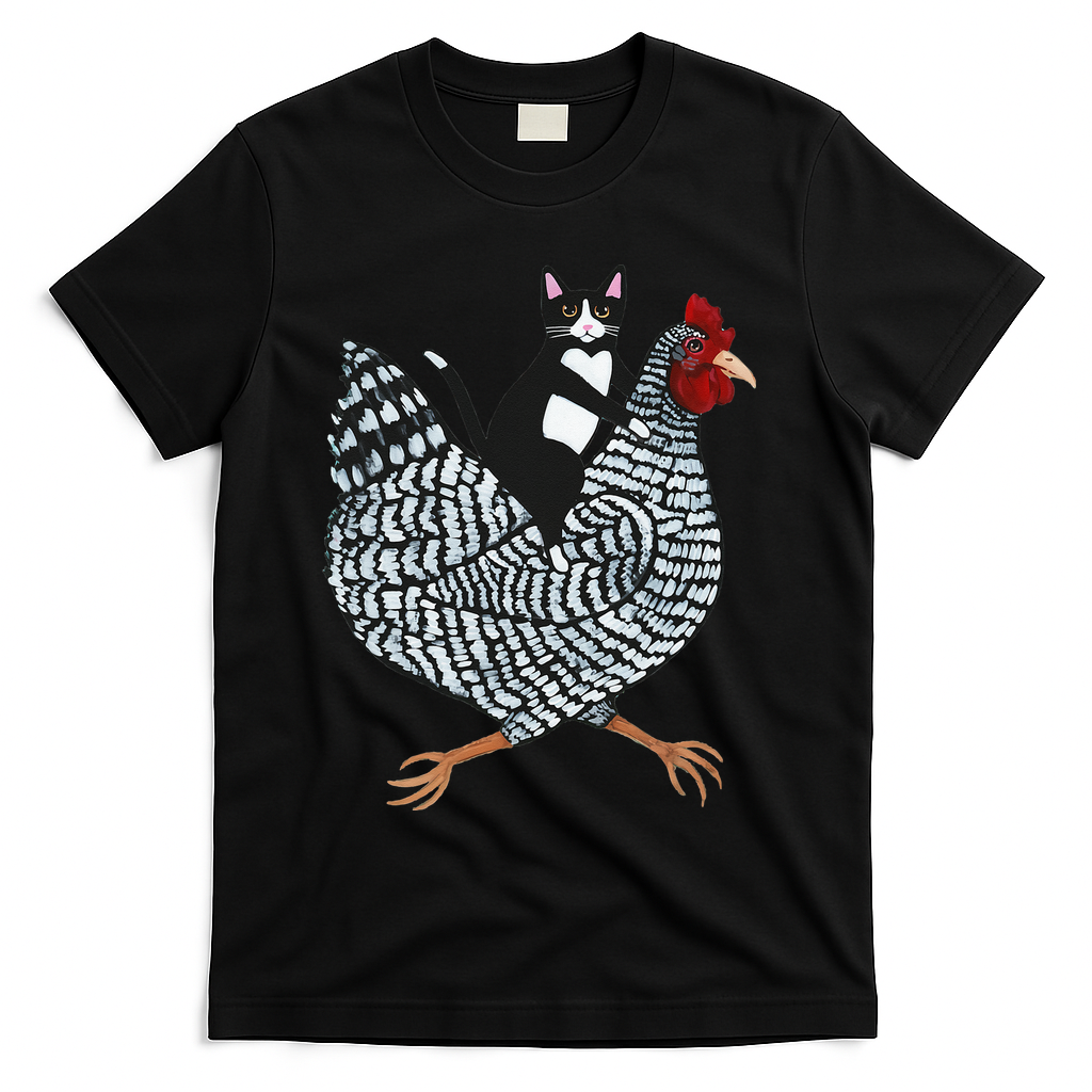 Cat Riding Funny Chicken Tuxedo Cat On A Chicken Lover T-Shirt