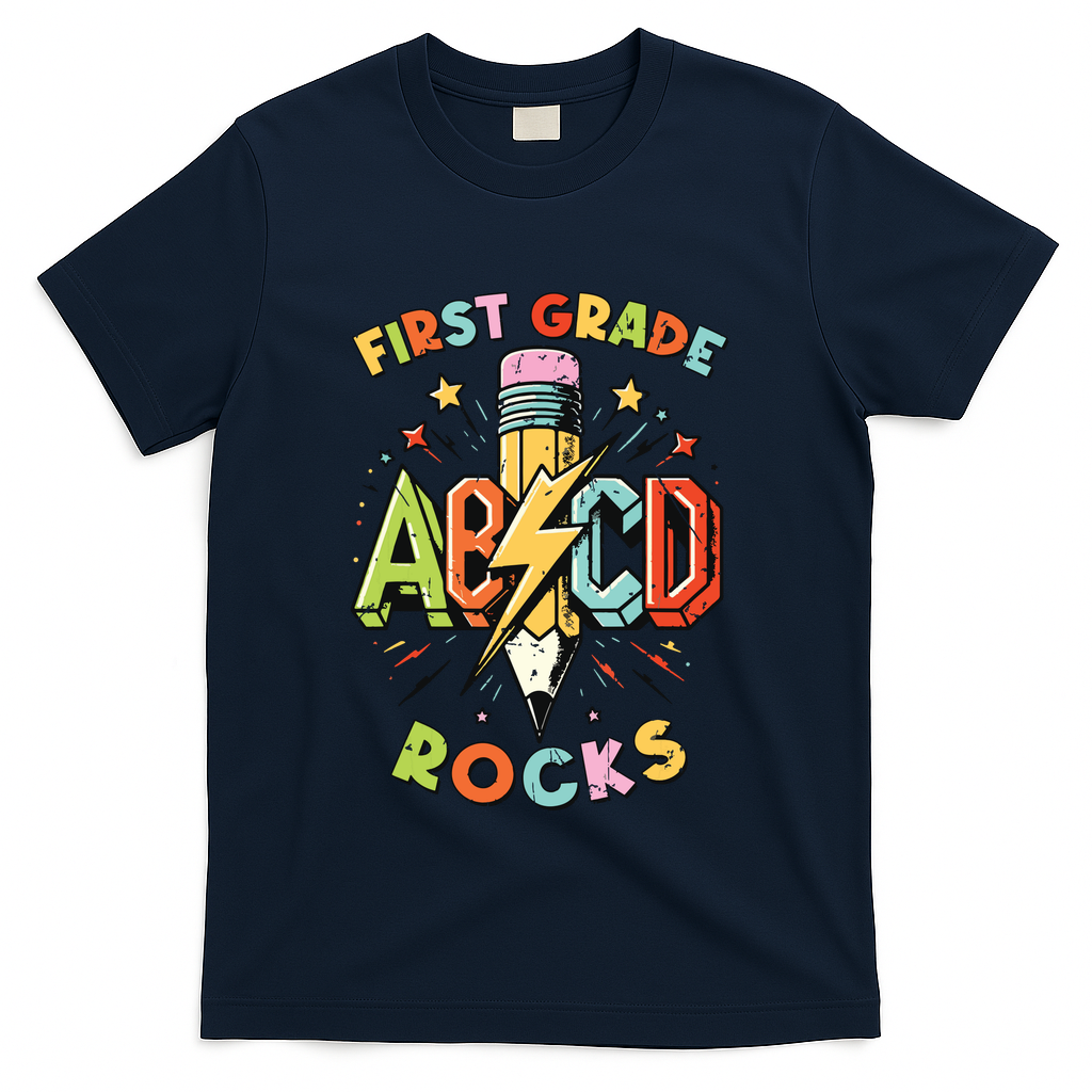 Abcd 1st Grade Rocks Pencil Lightning Teachers Rock Boy T-Shirt - Navy