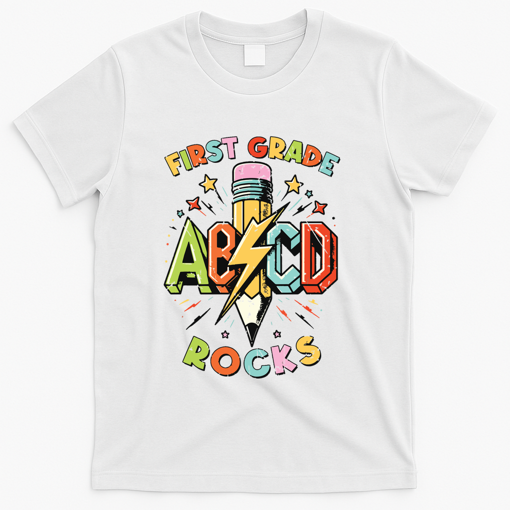 Abcd 1st Grade Rocks Pencil Lightning Teachers Rock Boy T-Shirt - White