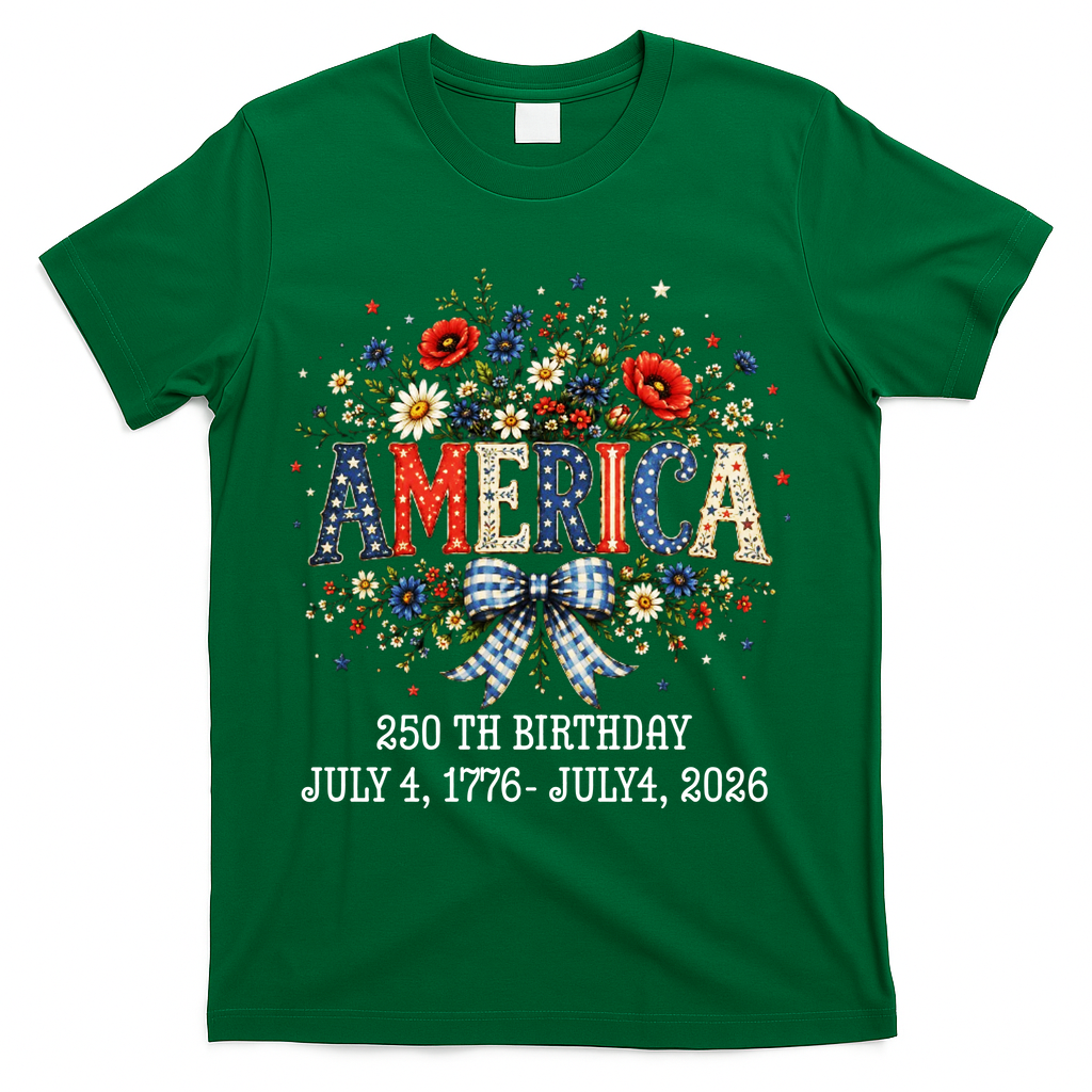 America 250th Birthday 2026 Patriotic Floral USA T-Shirt - Green